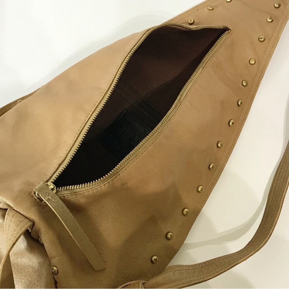 Patti Hansen for HUNG ON U Tan Leather Bronze Studded Cross Body Sling Bag Cross - Picture 14 of 16